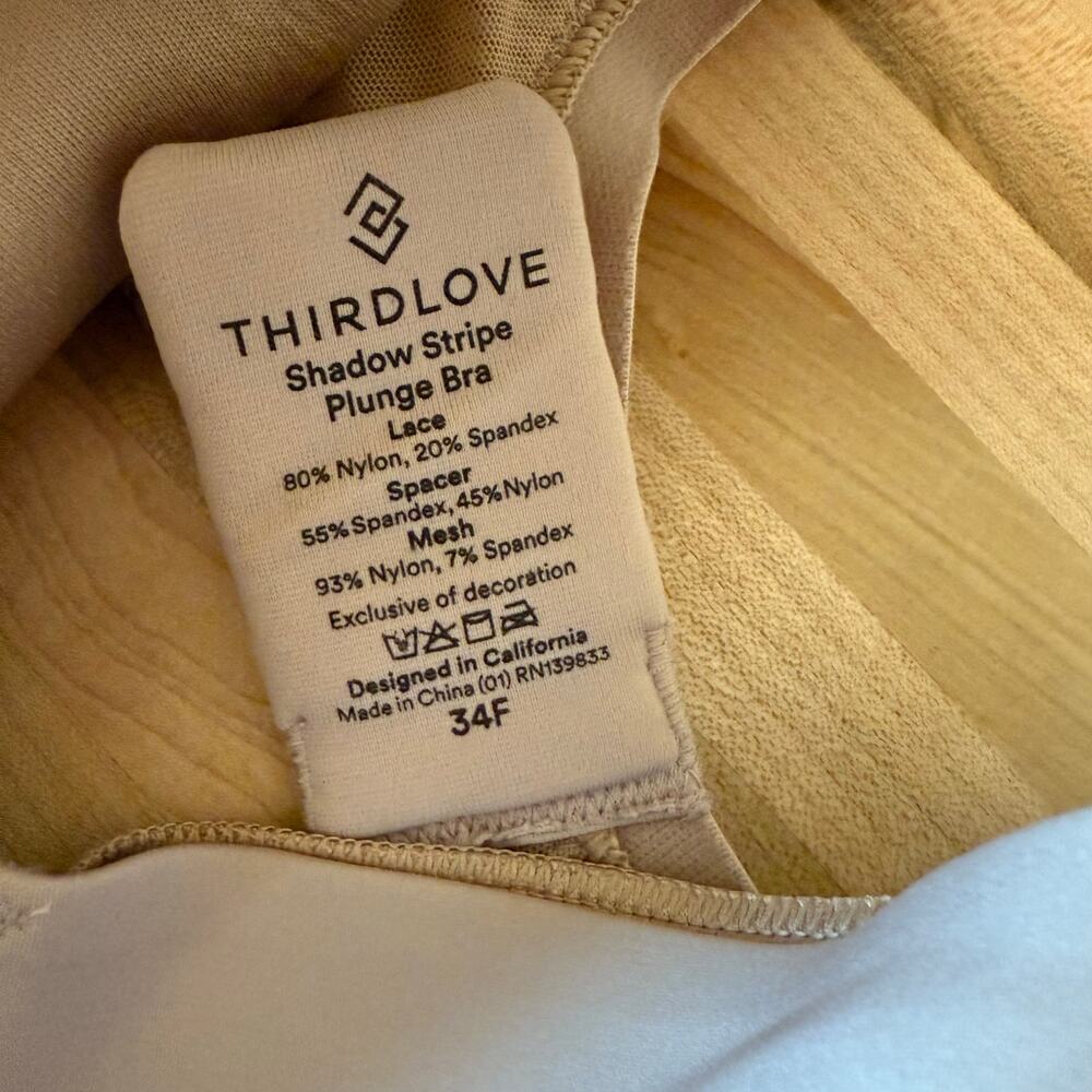 ThirdLove Shadow Stripe Plunge Bra 34F Beige Underwire Lightly Lined - Picture 2 of 6